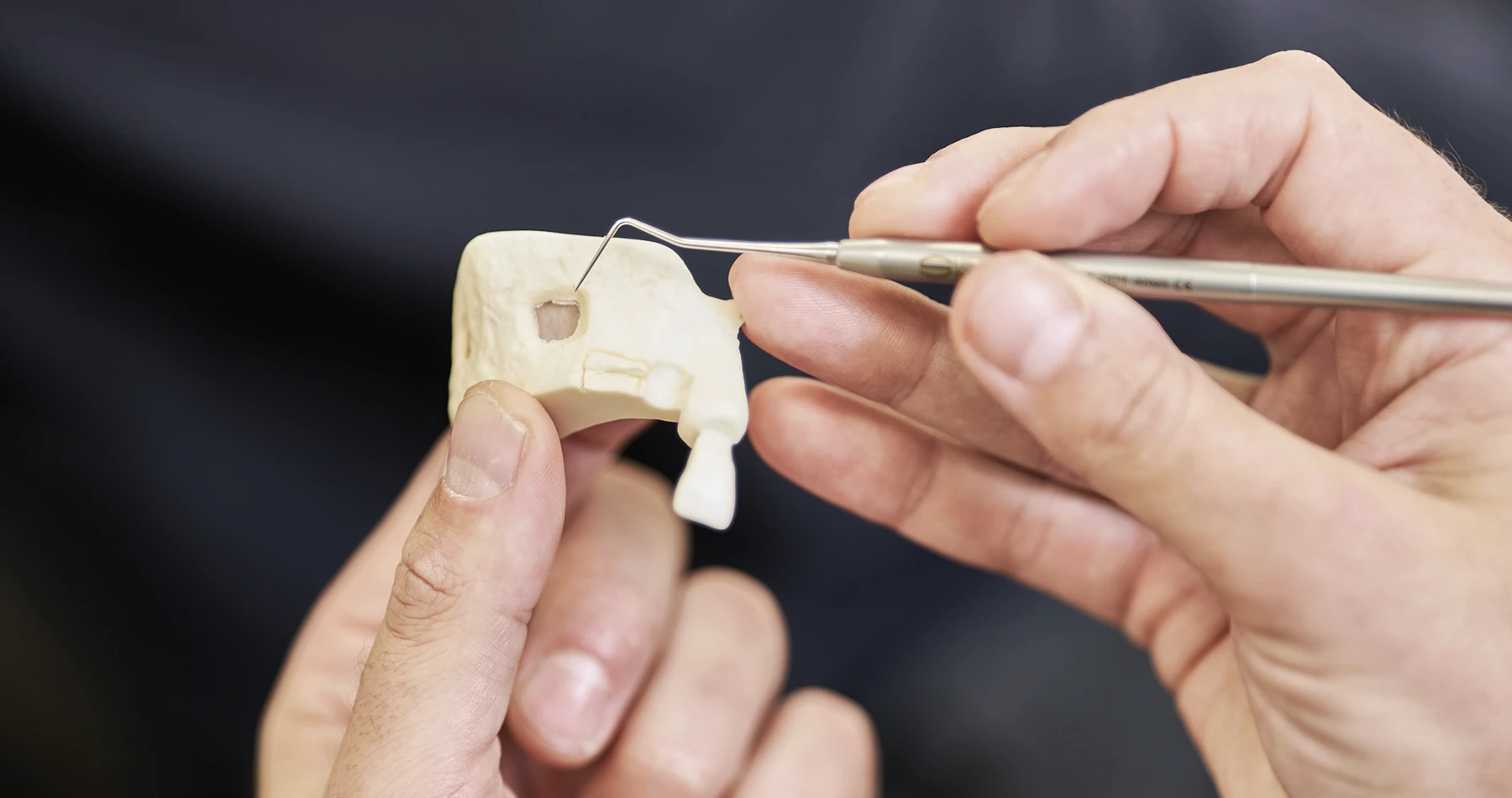 Dr. Kalkreuter zeigt mit auf Sinuslift am Model.